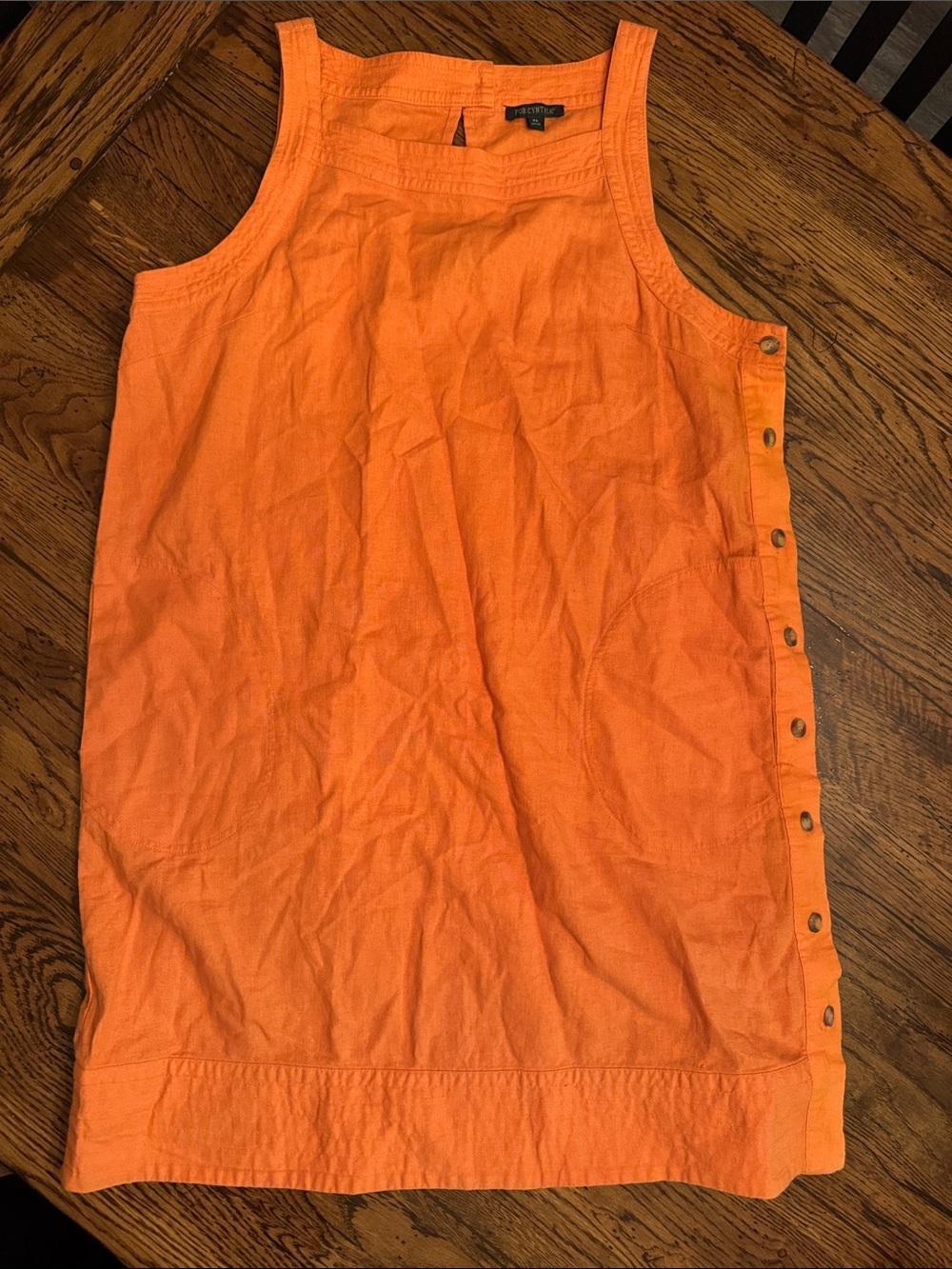 FOR CYNTHIA Linen Button Down Square Neck Mini Shift Dress Womens XL Orange